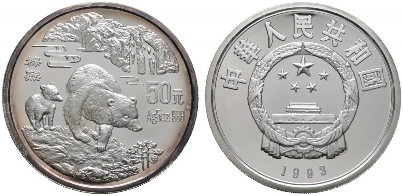 China-Volksrepublik. 50 Yuan 1993. Braunbär mit Jungem. KM 565. 155,5 g (5 Unzen...