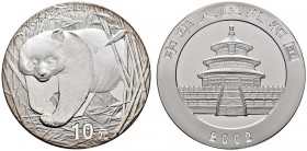 China-Volksrepublik. 10 Yuan 2002. Panda. KM 1365. verkapselt, Polierte Platte