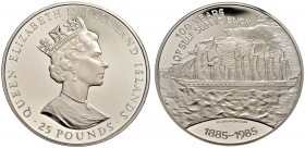 Falklandinseln. Elizabeth II. seit 1953. 25 Pounds 1985. Auf die 100-Jahrfeier der Zugehörigkeit zu Großbritannien. KM 20. 150 g Sterlingsilber im Ori...