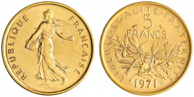 Frankreich-Königreich. Fünfte Republik seit 1958. 5 Francs - Dickabschlag (PIEDFORT) in GOLD 1971. Nach dem Modell von L.O. Roty. Säerin. Mit glattem ...