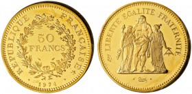 Frankreich-Königreich. Fünfte Republik seit 1958. 50 Francs - Dickabschlag (PIEDFORT) in GOLD 1974. Nach dem Modell von A. Dupré. Herkulesgruppe. Mit ...