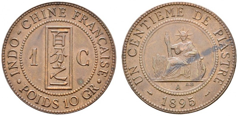 Französisch-Indochina. Bronze-1 Centime 1895. KM 7, Lecompte 46. seltener Einjah...