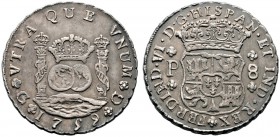 Guatemala. unter Spanien. 8 Reales 1759 -Guatemala-. KM 18, CCT 266. selten-besonders in dieser Erhaltung, feine Patina, vorzüglich