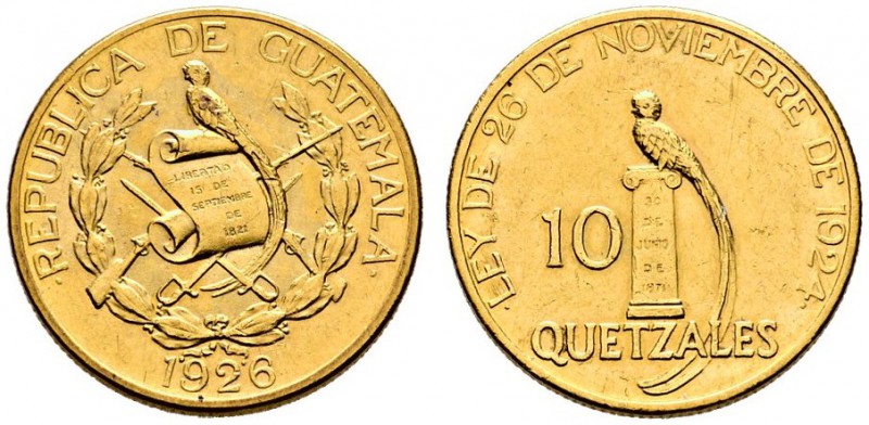 Guatemala. Republik. 10 Quetzals 1926. Quetzal auf Säule. KM 245, Fr. 49. 15,0 g...
