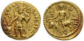 Indien-Kushan Empire. Vasudeva II. 330-356. AV-Stater -Kabul-. Stehender König nach links über Altar opfernd, in der Linken Dreizacklanze, im Feld Dre...