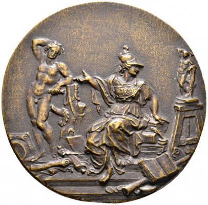 Italien. Einseitige Bronzemedaille o.J. (um 1800) unsigniert. Sitzende Pallas At...