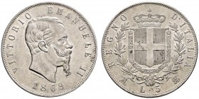 Italien-Königreich. Victor Emanuel II. 1861-1878. 5 Lire 1869 -Mailand-. Pagani 489, Dav. 140. selten in dieser Erhaltung, winzige Kratzer, vorzüglich...