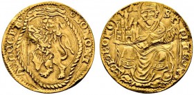 Italien-Bologna. Giovanni II. Bentivoglio 1446-1506. Doppio ducato (2 Bolognino d'oro) o.J. Löwe mit Banner nach links / Hl. Petronius von vorn throne...