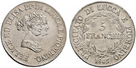 Italien-Lucca (und Piombino). Felice Baciocci und Elisa Bonaparte 1805-1814. 5 Franchi 1805 -Florenz-. Kleine Brustbilder. Pagani 251, Dav. 203. selte...