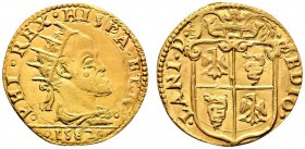 Italien-Mailand. Philipp II. von Spanien 1556-1598. Doppia 1582. Große Büste mit Strahlenkrone nach rechts / Gekrönter Wappenschild. Crippa 4/B, Fr. 7...