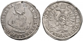 Italien-Messerano. Francesco Filiberto Ferrero Fieschi 1584-1629. Tallero o.J. Hüftbild im reich verzierten Harnisch nach rechts, die Linke am Schwert...