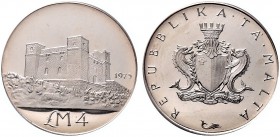 Malta. Parlamentarische Republik seit 1974. 4 Pounds 1975. St. Agatha-Tower / Gekröntes Wappen mit Halter. KM 32. In Plastikholder der PCGS (slapped) ...