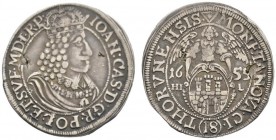 Polen-Thorn, Stadt. Johann Casimir 1649-1668. 18 Gröscher (Ortstaler) 1655. Kopicki 8320 (R1), Gum. 1944, Dutk./Such. 1641. feine Patina, Schrötlingsf...