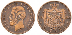 Rumänien. Carol I. von Hohenzollern-Sigmaringen 1866-1914. Cu-2 Bani 1882 -Bukarest-. Variante mit "unter­brochenen" Buchstaben C-A-R in CAROL sowie R...