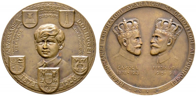 Rumänien. Mihai I. 1927-1930, Erste Regierung. Bronzemedaille 1928 von Huguenin,...