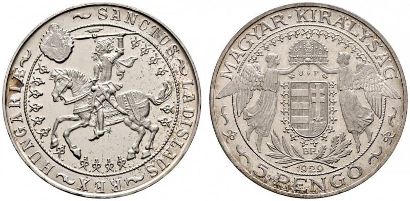 Ungarn. Reichsverweser Miklós Horthy 1920-1944. 5 Pengö 1929. König Ludwig. Offi...
