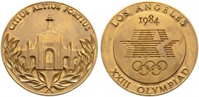 USA. Bronzemedaille 1984 unsigniert, des Organisationskommitees der Olympiade Los Angeles. Gad. p. 259 Nr. 8. 60 mm im Originaletui, vorzüglich