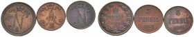 3 Stücke: FINNLAND (unter russischer Herrschaft). Kupfermünzen zu 5 Penniä 1889 und 1899 sowie 10 Penniä 1895. sehr schön-vorzüglich, vorzüglich...