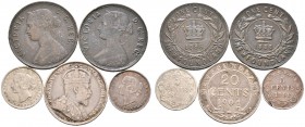 5 Stücke: KANADA-NEUFUNDLAND. 20 Cents 1904, 5 Cents 1865 und 1896 sowie Br-Cent 1885 und 1888. sehr schön, sehr schön-vorzüglich