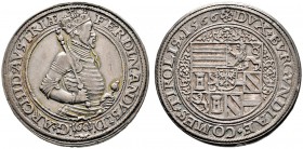 Haus Habsburg. Erzherzog Ferdinand 1564-1595. Guldentaler zu 60 Kreuzer 1566 -Mühlau-. Wertzahl unten in der Aversumschrift in eckiger Klammer. MT 169...
