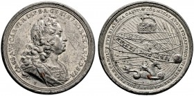 Haus Habsburg. Karl VI. 1711-1740. Zinnmedaille mit Kupferstift 1711 von G.W. Vestner, auf die Kaiserkrönung zu Frankfurt/M. Belor­beertes Brustbild i...