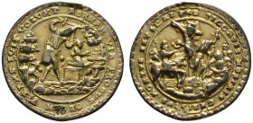 Böhmen, Mähren und Erzgebirge. Allgemein. Altvergoldete Silbergussmedaille o.J. (um 1562) von (bzw. nach einem Modell von) Nickel Milicz. Abraham opfe...