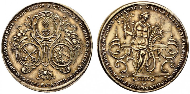 Augsburg, Stadt. Altvergoldete Silbermedaille 1624 von Daniel Sailer, auf die dr...