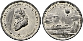 Augsburg, Stadt. Zinnmedaille 1786 von J. Daiser, auf den missglückten Ballonaufstieg des Freiherrn von Lütgen­dorf. Dessen Brustbild nach links / Gas...
