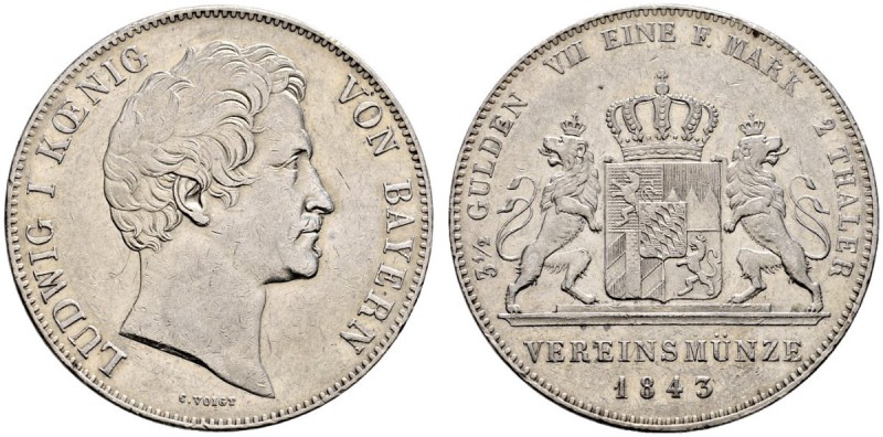 Bayern. Ludwig I. 1825-1848. Doppelter Vereinstaler 1843. AKS 74, J. 65, Thun 74...