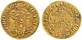 Brandenburg-Franken. Friedrich und Sigismund 1486-1495. Goldgulden o.J. -Schwabach-. Stehender Johannes der Täufer, zwischen seinen Füßen ein Brackenk...