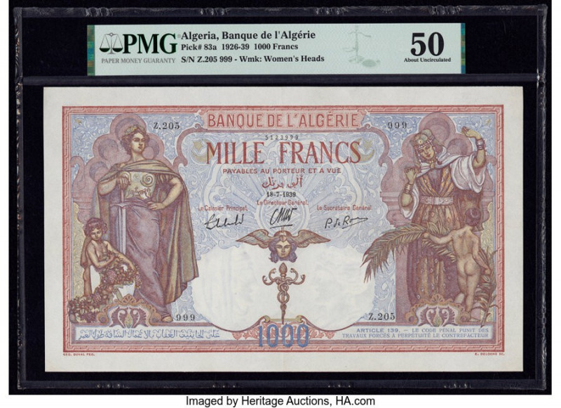 Algeria Banque de l'Algerie 1000 Francs 18.7.1939 Pick 83a PMG About Uncirculate...