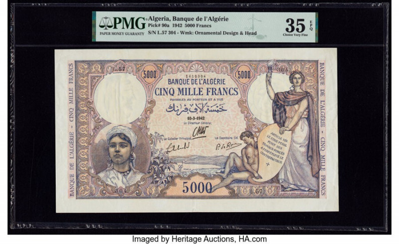 Algeria Banque de l'Algerie 5000 Francs 10.3.1942 Pick 90a PMG Choice Very Fine ...