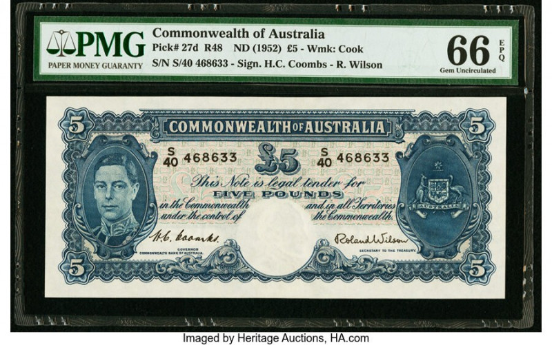Australia Commonwealth of Australia 5 Pounds ND (1952) Pick 27d R48 PMG Gem Unci...