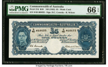 Australia Commonwealth of Australia 5 Pounds ND (1952) Pick 27d R48 PMG Gem Uncirculated 66 EPQ. This handsome, higher denomination King George VI por...