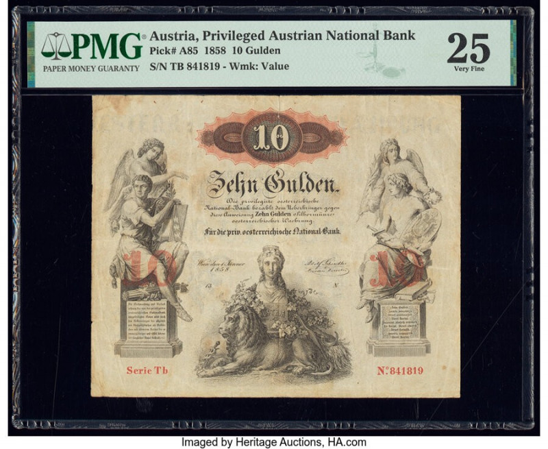 Austria Privilegirte Oesterreichische Natioanl Zettel Bank 10 Gulden 1.1.1858 Pi...