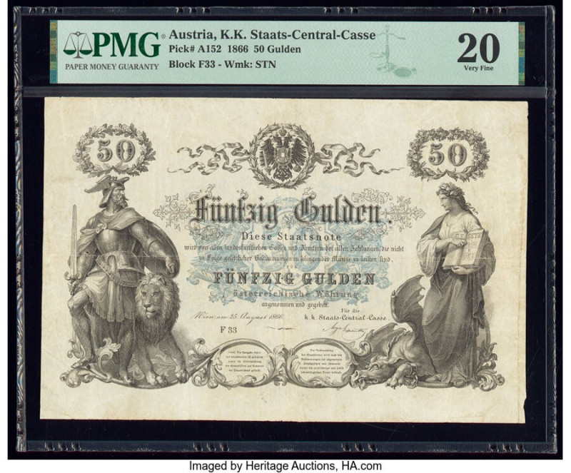 Austria K.K Staats-Central-Cassa 50 Gulden 25.8.1866 Pick A152 PMG Very Fine 20....