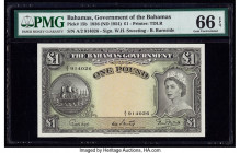 Bahamas Bahamas Government 1 Pound 1936 (ND 1954) Pick 15b PMG Gem Uncirculated 66 EPQ. The signatures of Higgs - Sweeting - Burnside are seen on this...