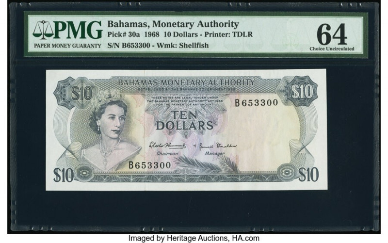 Bahamas Monetary Authority 10 Dollars 1968 Pick 30a PMG Choice Uncirculated 64. ...