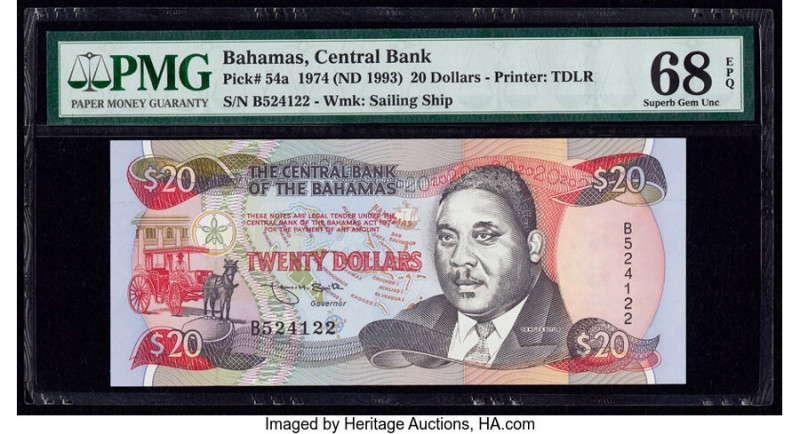 Bahamas Central Bank 20 Dollars 1974 (ND 1993) Pick 54a PMG Superb Gem Unc 68 EP...