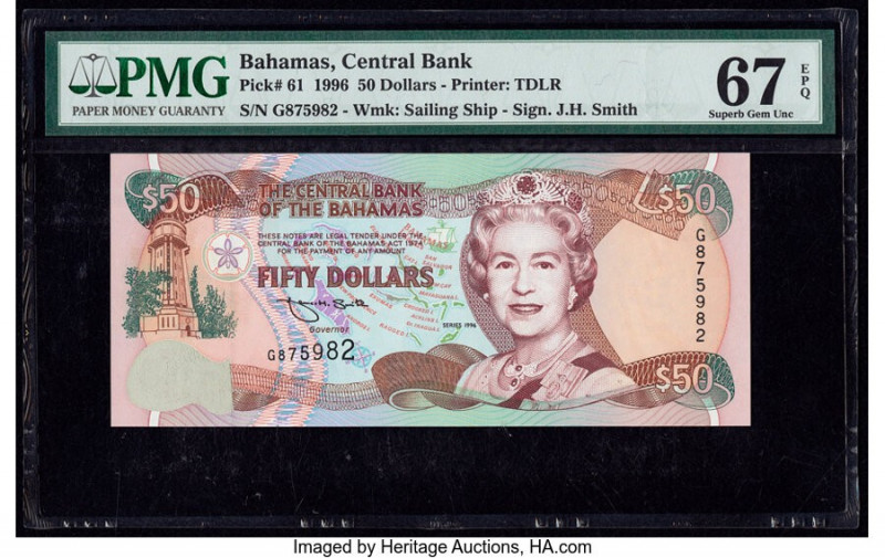 Bahamas Central Bank 50 Dollars 1996 Pick 61 PMG Superb Gem Unc 67 EPQ. The 1996...