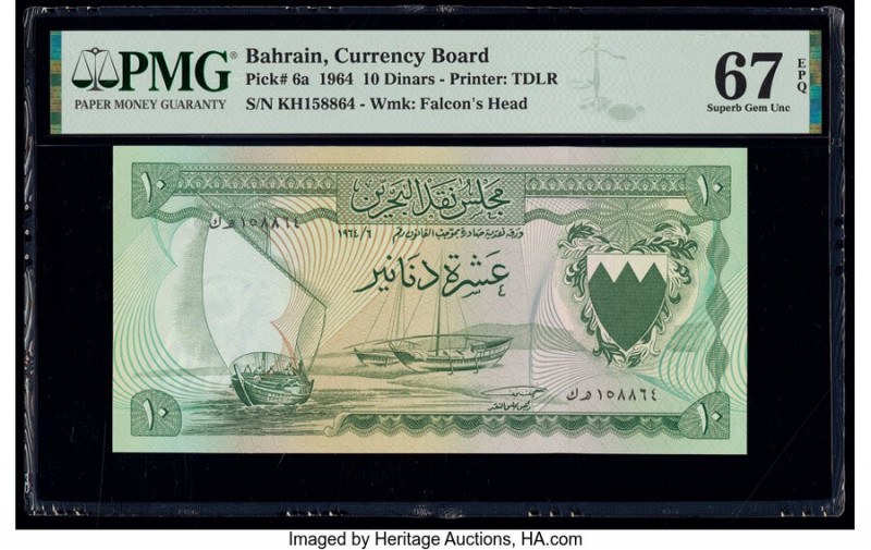 Bahrain Currency Board 10 Dinars 1964 Pick 6a PMG Superb Gem Unc 67 EPQ. While o...
