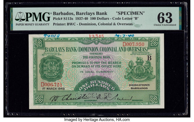 Barbados Barclays Bank 100 Dollars 1.3.1940 Pick S113s Specimen PMG Choice Uncir...