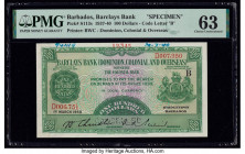 Barbados Barclays Bank 100 Dollars 1.3.1940 Pick S113s Specimen PMG Choice Uncirculated 63. The 100 Dollars denomination is a rare note in any format....