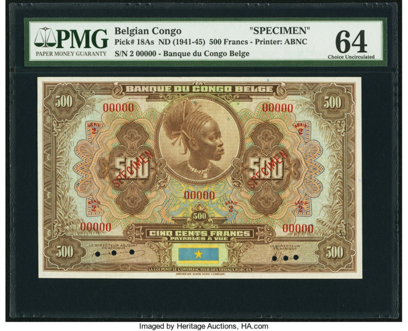 Belgian Congo Banque du Congo Belge 500 Francs ND (1941-45) Pick 18As Specimen P...