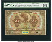 Belgian Congo Banque du Congo Belge 500 Francs ND (1941-45) Pick 18As Specimen PMG Choice Uncirculated 64. A lovely Serie 2 type Specimen, this piece ...