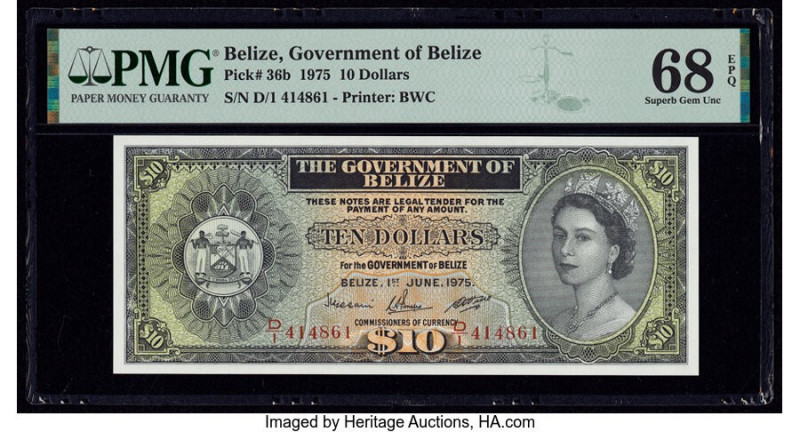 Belize Government of Belize 10 Dollars 1.6.1975 Pick 36b PMG Superb Gem Unc 68 E...