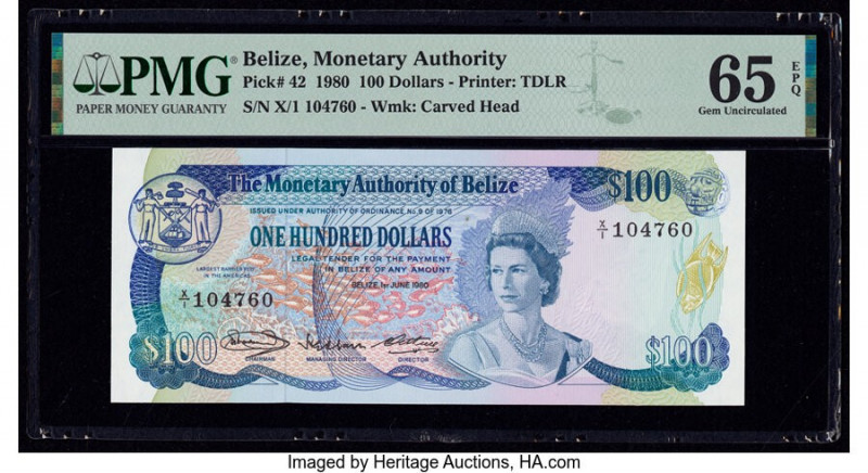 Belize Monetary Authority 100 Dollars 1.6.1980 Pick 42 PMG Gem Uncirculated 65 E...