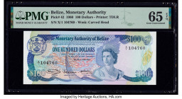 Belize Monetary Authority 100 Dollars 1.6.1980 Pick 42 PMG Gem Uncirculated 65 EPQ. The elusive Monetary Authority of Belize title is seen on this hig...
