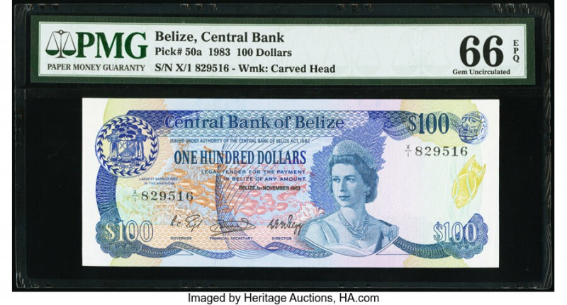 Belize Central Bank 100 Dollars 1.11.1983 Pick 50a PMG Gem Uncirculated 66 EPQ. ...