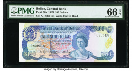 Belize Central Bank 100 Dollars 1.11.1983 Pick 50a PMG Gem Uncirculated 66 EPQ. An impressive color palette draws a great eye appeal to this high deno...